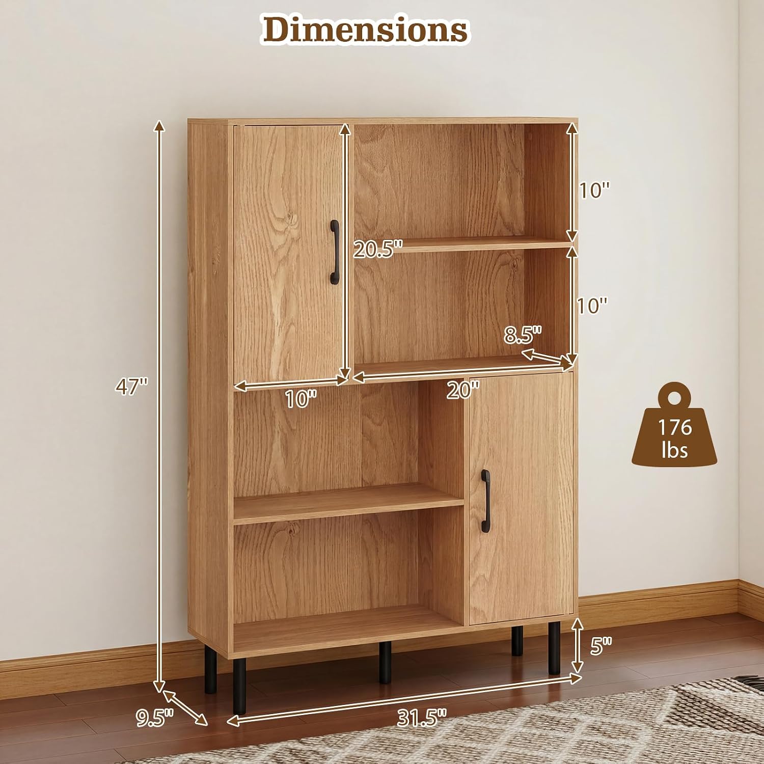 4-Tier Tall Sideboard Cabinet Doors Shelves Natural