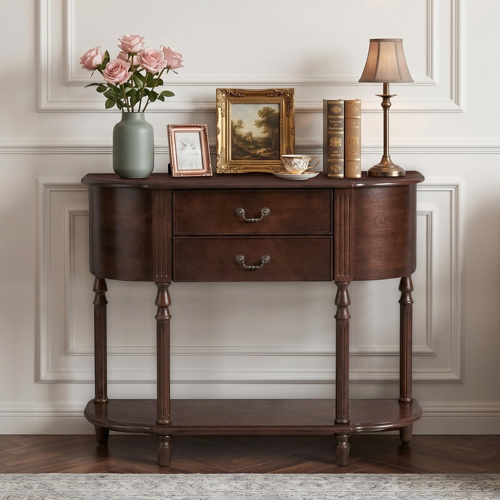 Farmhouse Console Table Cabinet Open Shelves Brown