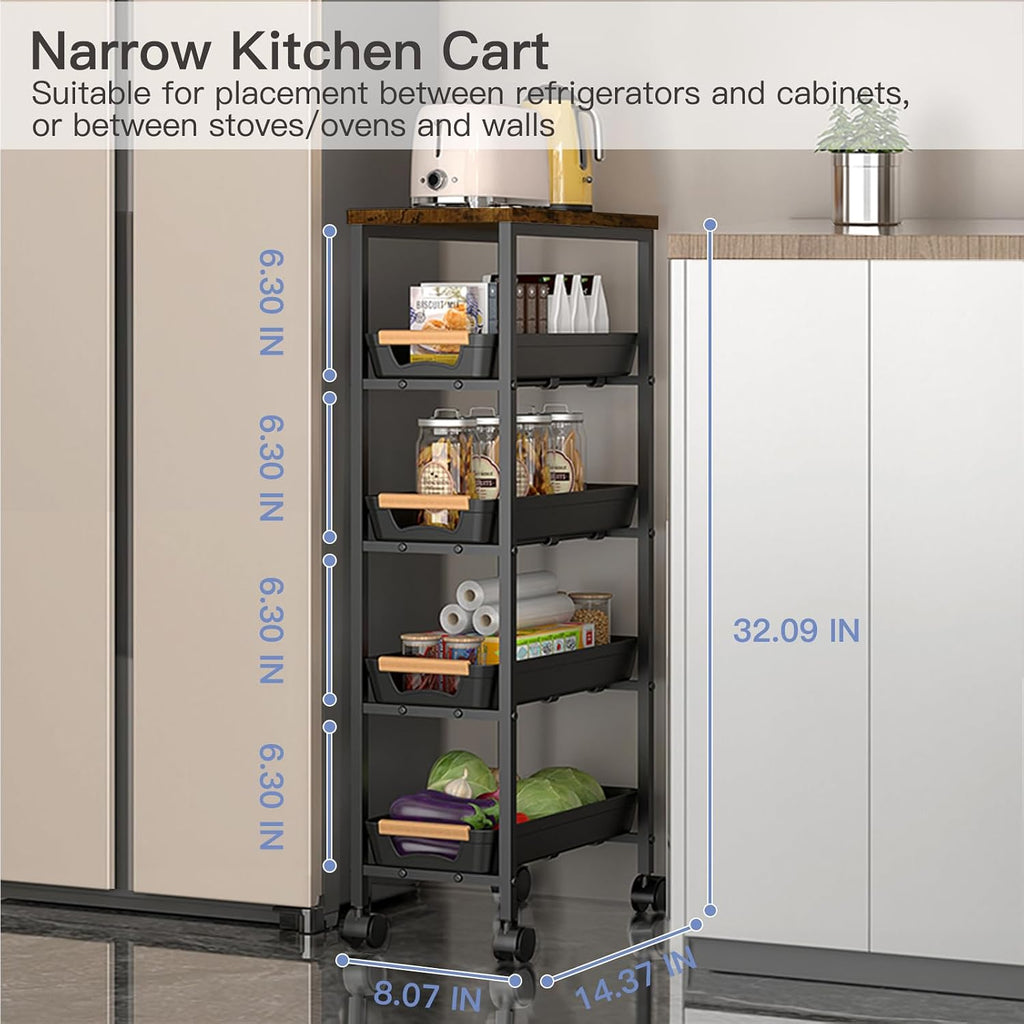 5-Tier Slim Wood Top Rolling Gap Storage Cart Black