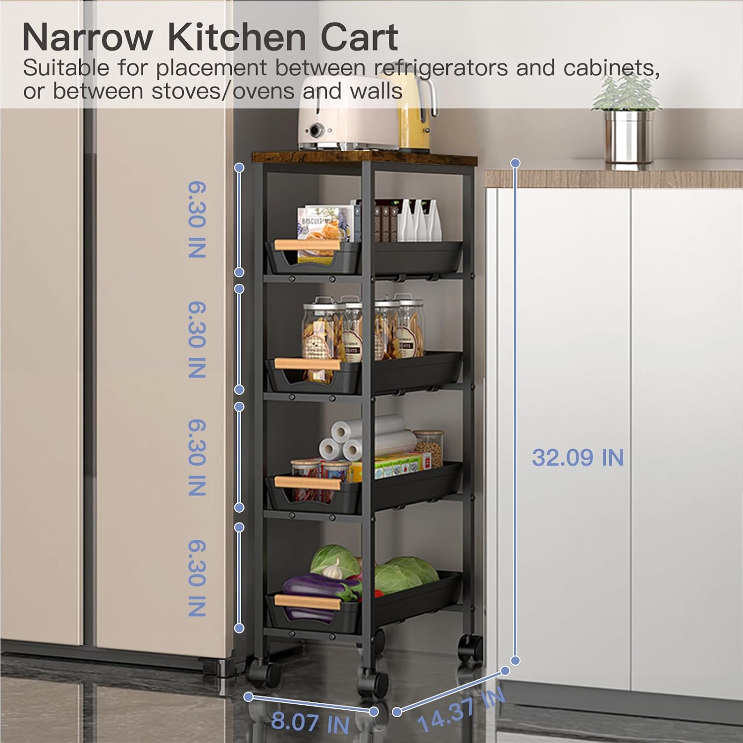 5-Tier Slim Wood Top Rolling Gap Storage Cart Black