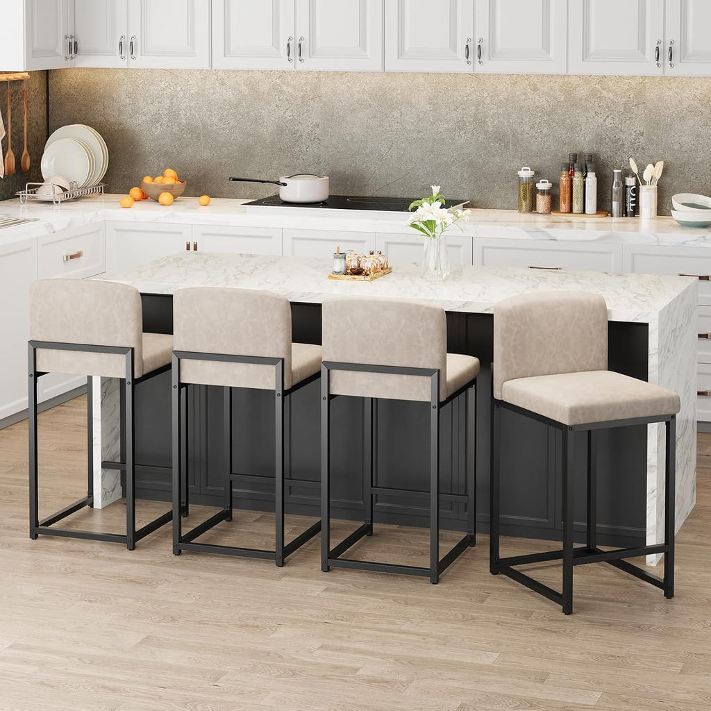 Beige Leather Bar Stools Back Footrest Set of Four