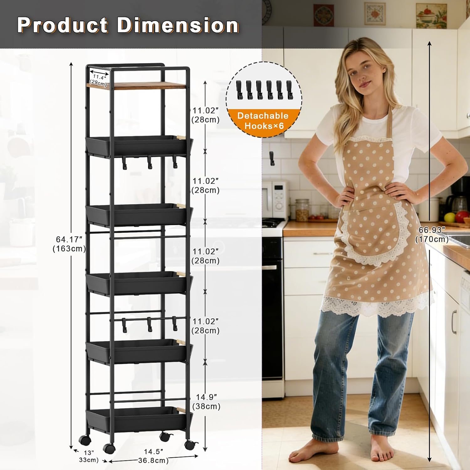 6-Tier Wood Top Cart Pull Out Baskets Black