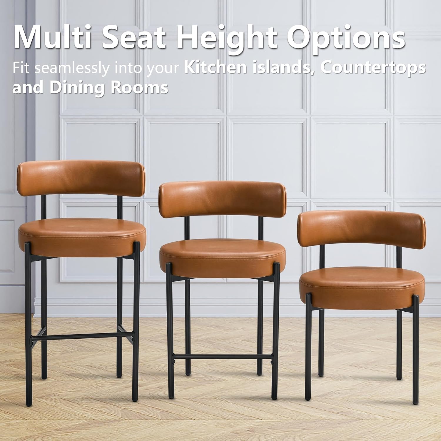 Brown Vegan Leather Bar Stools With Backs Set 3