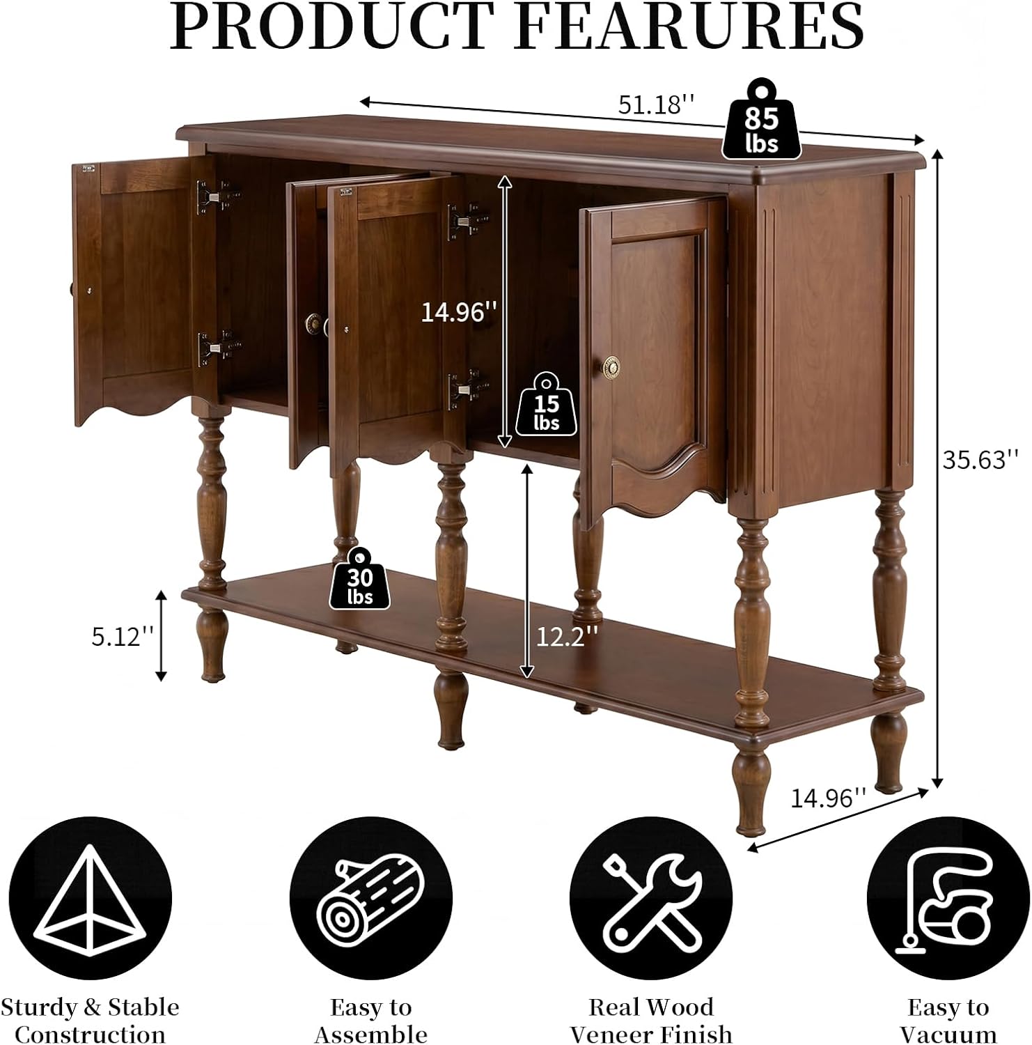 Farmhouse Console Table Cabinet Open Shelves Brown
