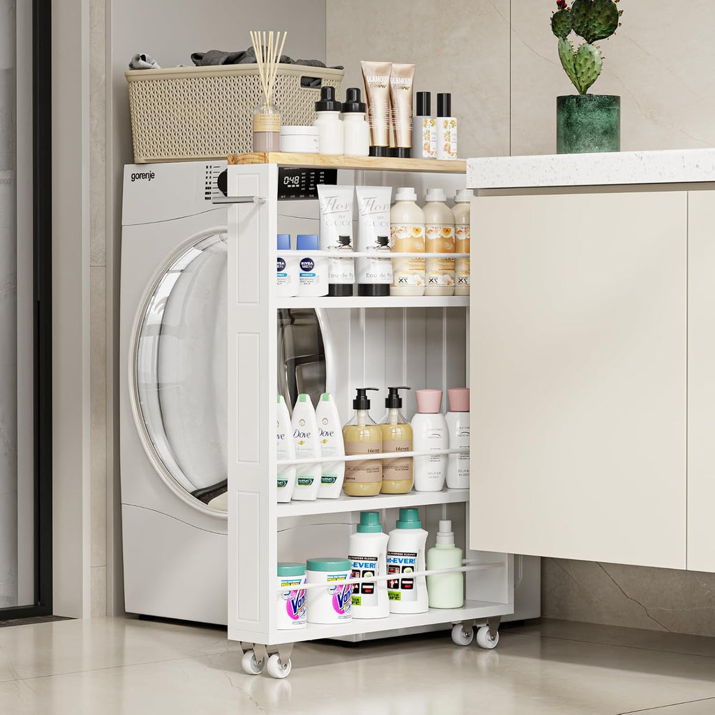 4-Tier Slim Rolling Cart Handle White Narrow Space