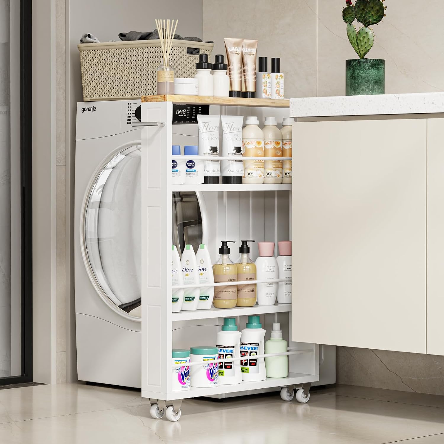 4-Tier Slim Rolling Cart Handle White Narrow Space