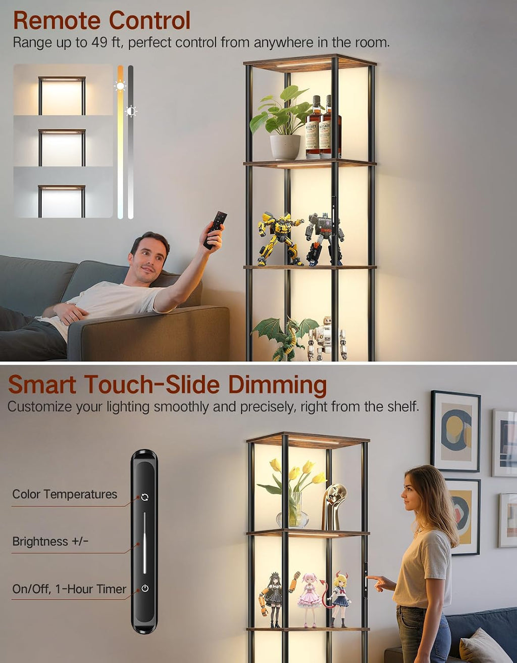 Tall Display Shelves LED Lights Dimmable Remote