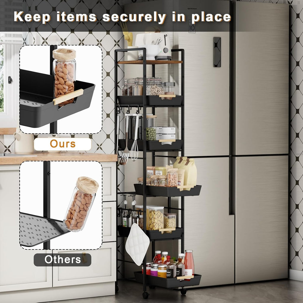6-Tier Wood Top Cart Pull Out Baskets Black