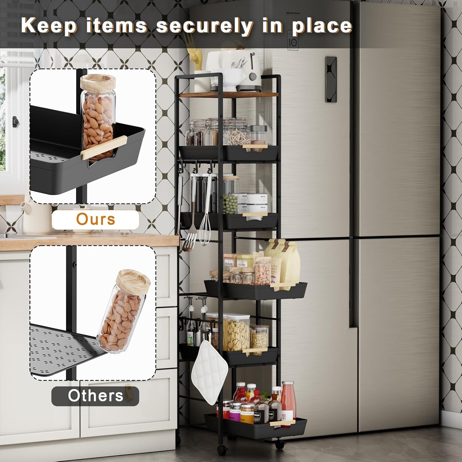 6-Tier Wood Top Cart Pull Out Baskets Black