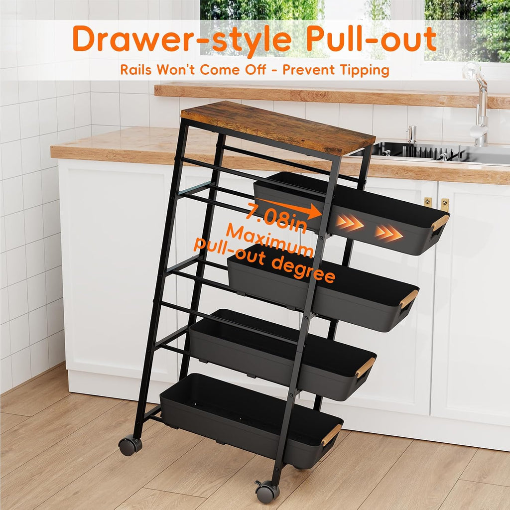 5-Tier Wood Top Cart Pull Out Baskets Black