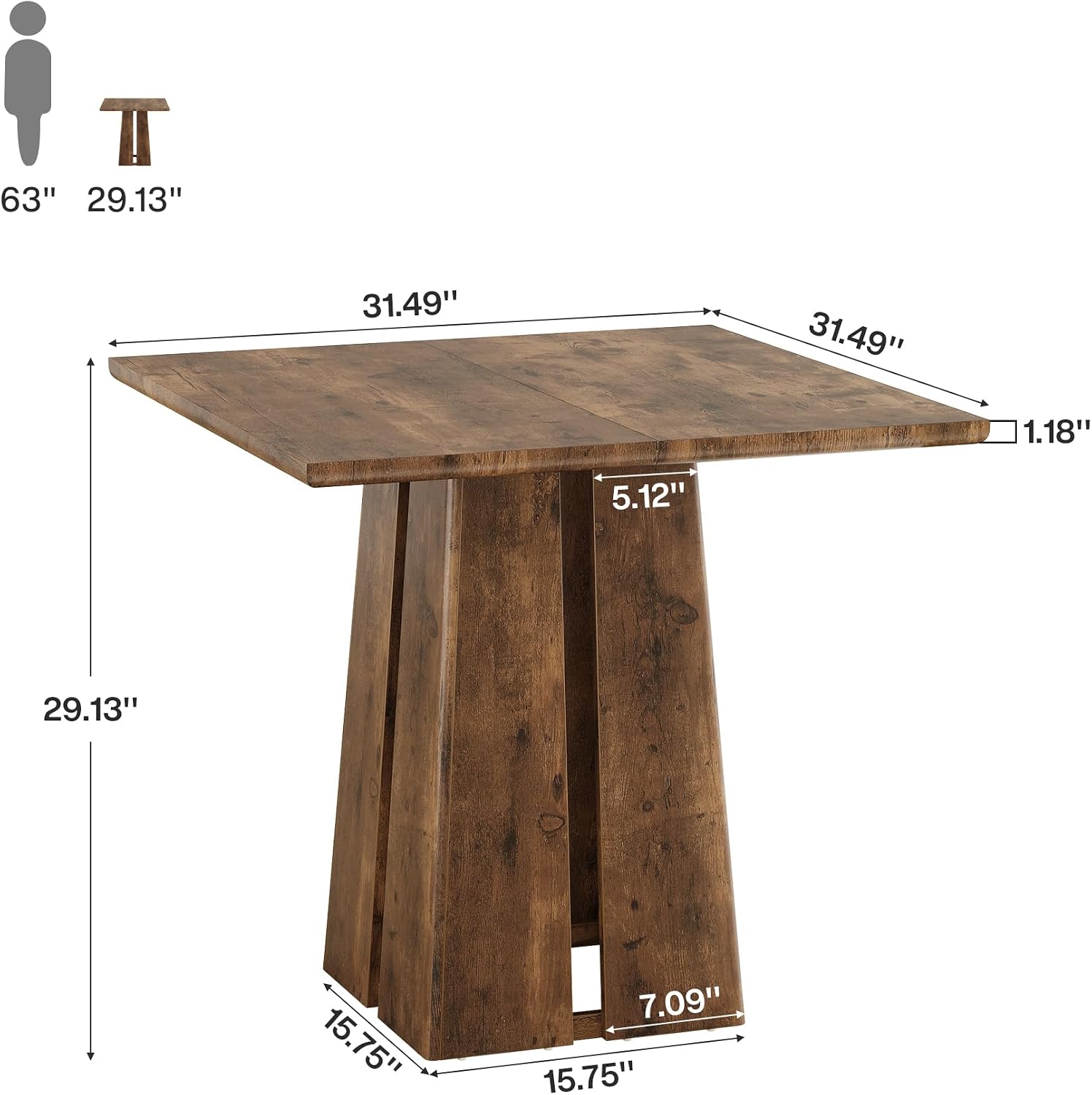 Rustic Brown Square Dining Table Pedestal Base Set 4