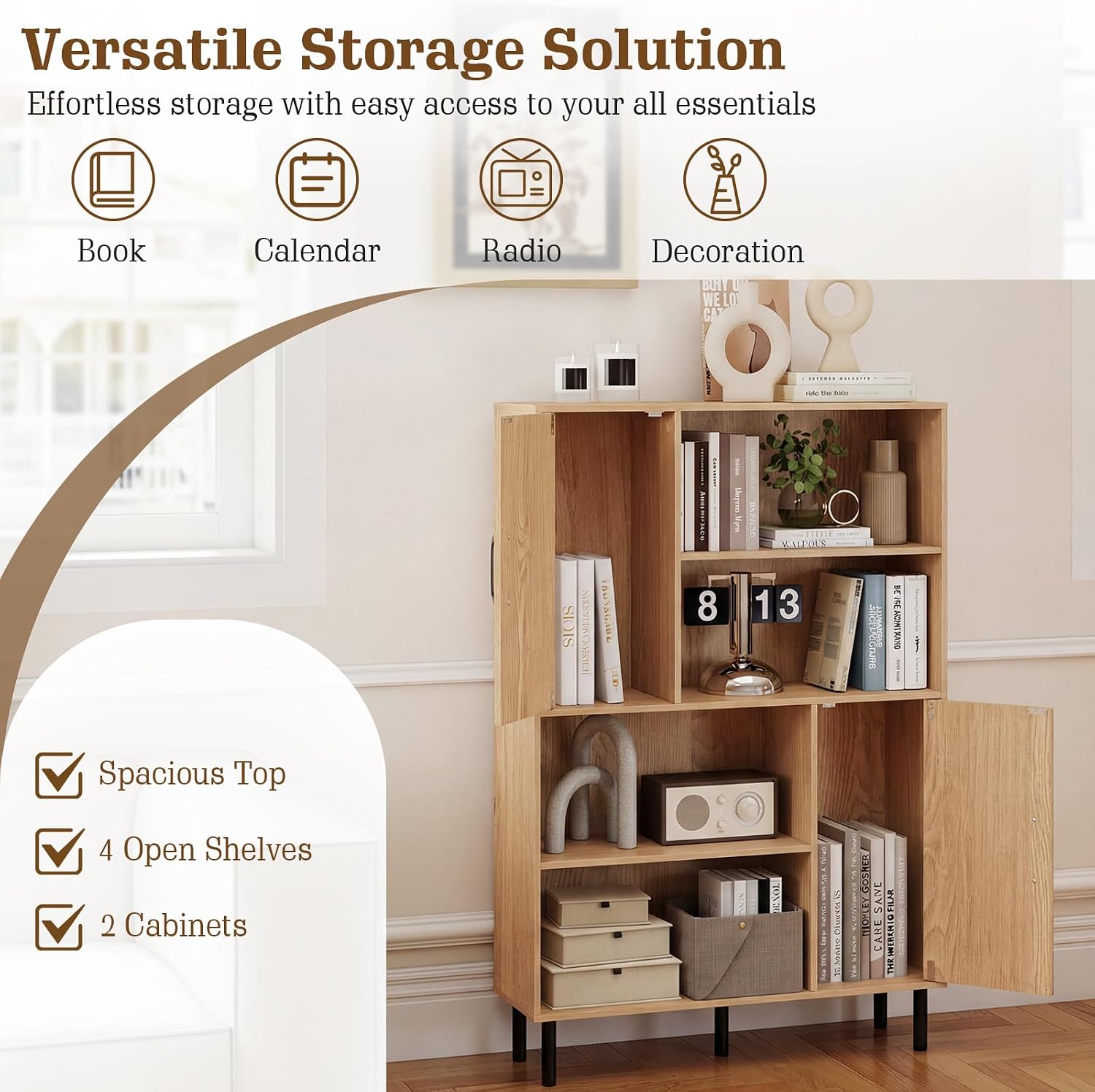 4-Tier Tall Sideboard Cabinet Doors Shelves Natural