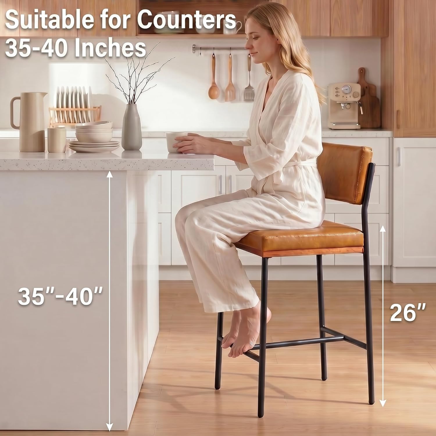 Brown Leather Bar Stools Wide Back Metal Legs Set 2