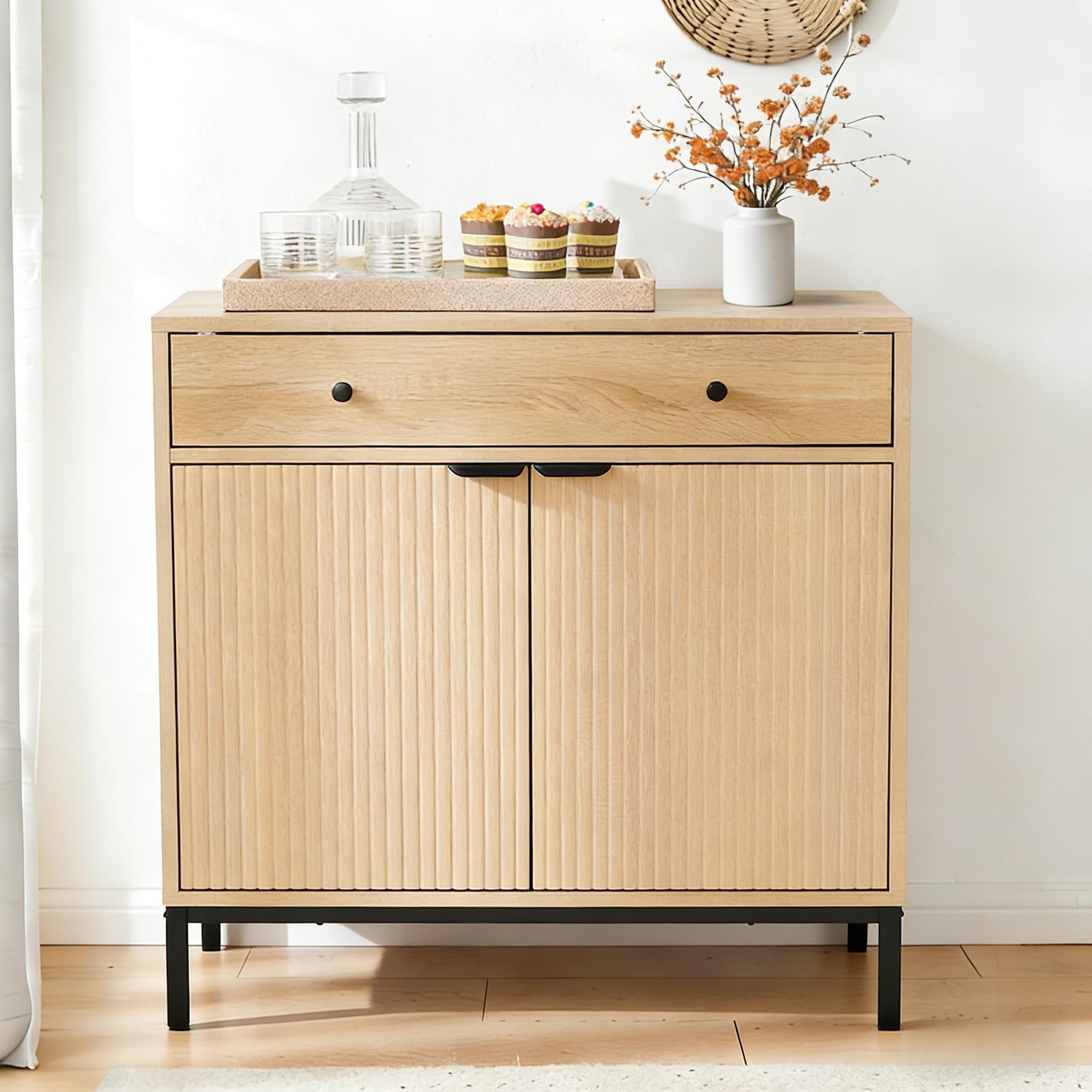 Fluted Sideboard Four Doors Open Storage Shelves