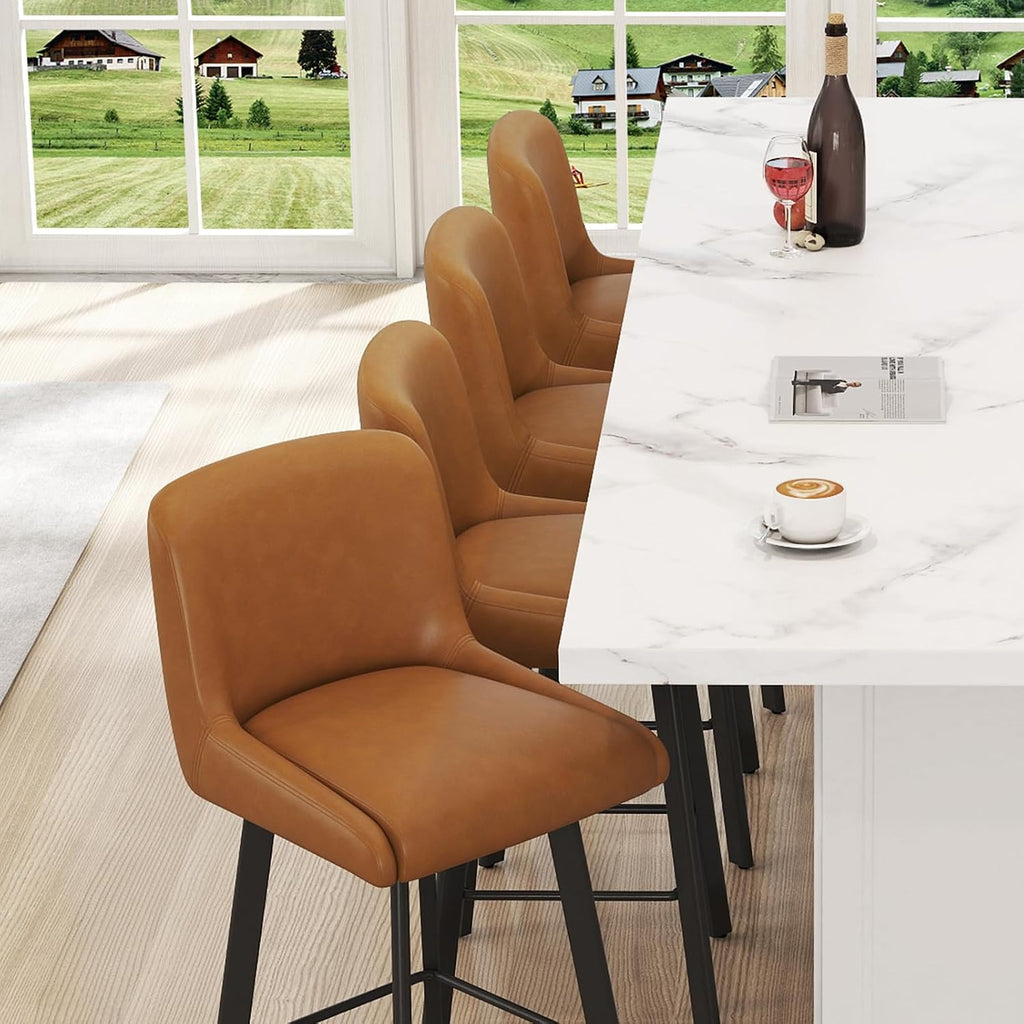 Faux Leather Swivel Bar Stools Metal Legs Brown Set 2