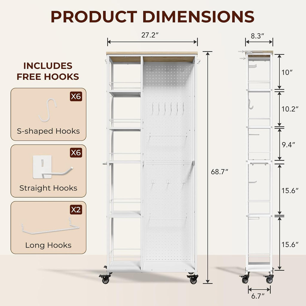 5-Tier Slim Rolling Cart with Pegboard White