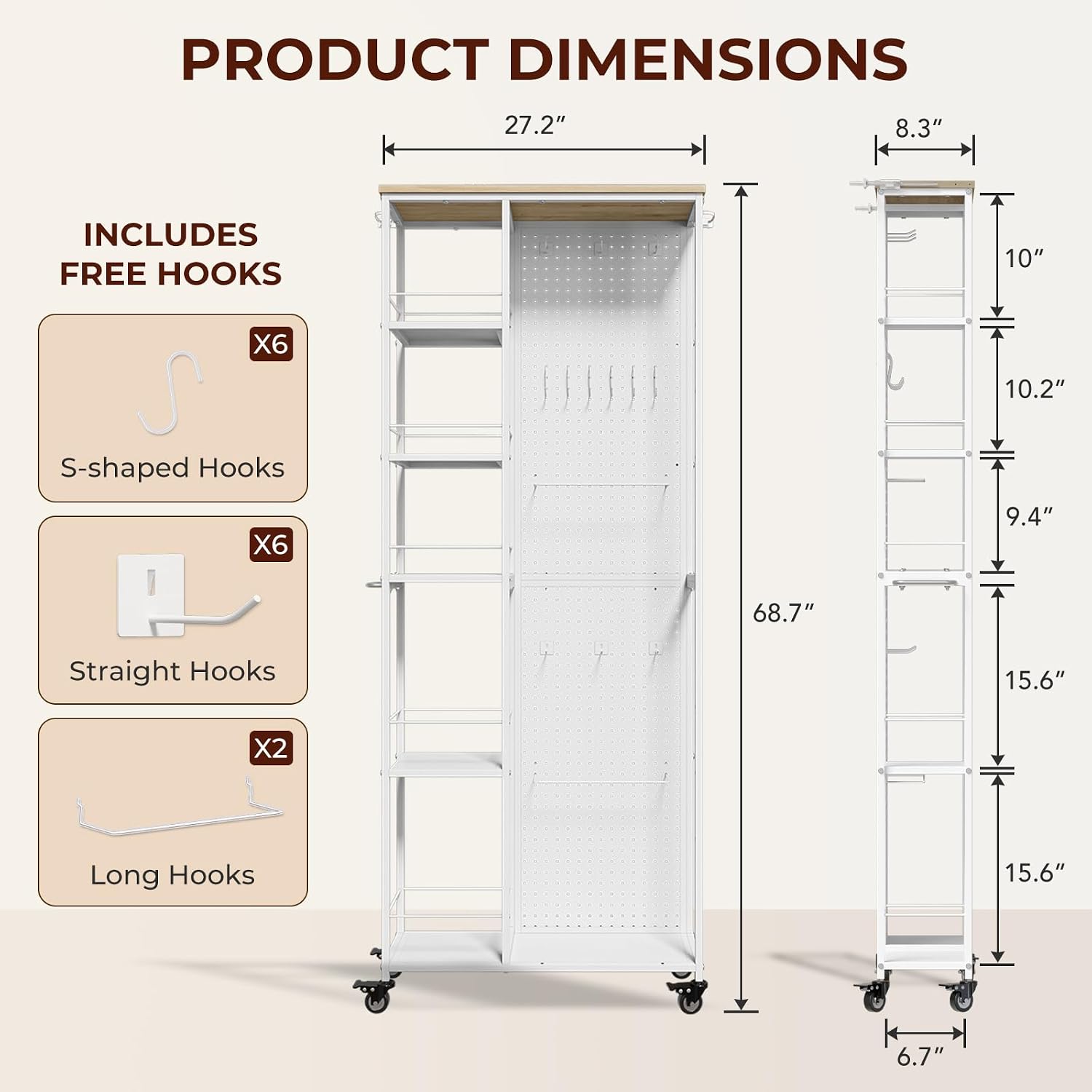 5-Tier Slim Rolling Cart with Pegboard White