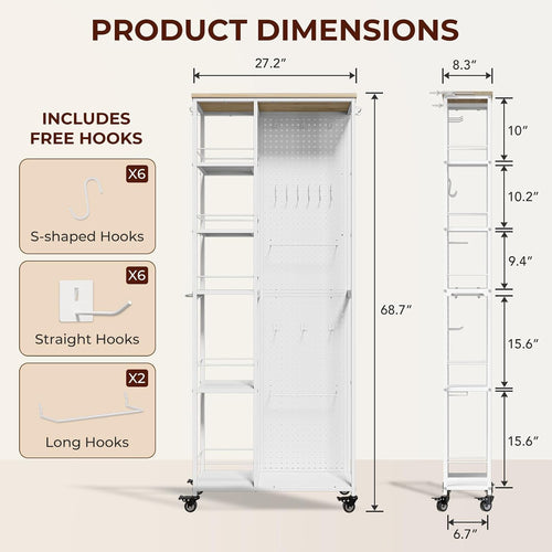 5-Tier Slim Rolling Cart with Pegboard White
