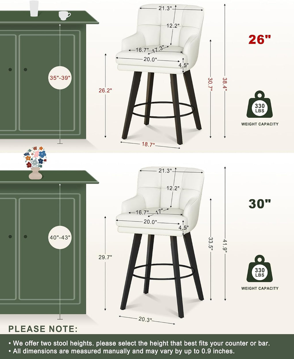 Beige Faux Leather Swivel Bar Stools Wood Legs Set 2