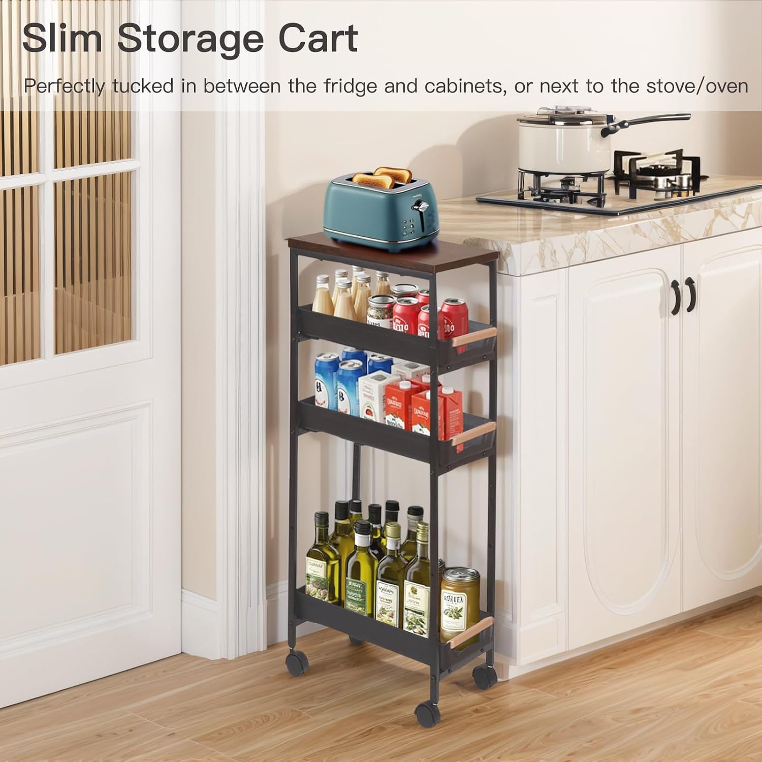 5-Tier Slim Wood Top Rolling Gap Storage Cart Black