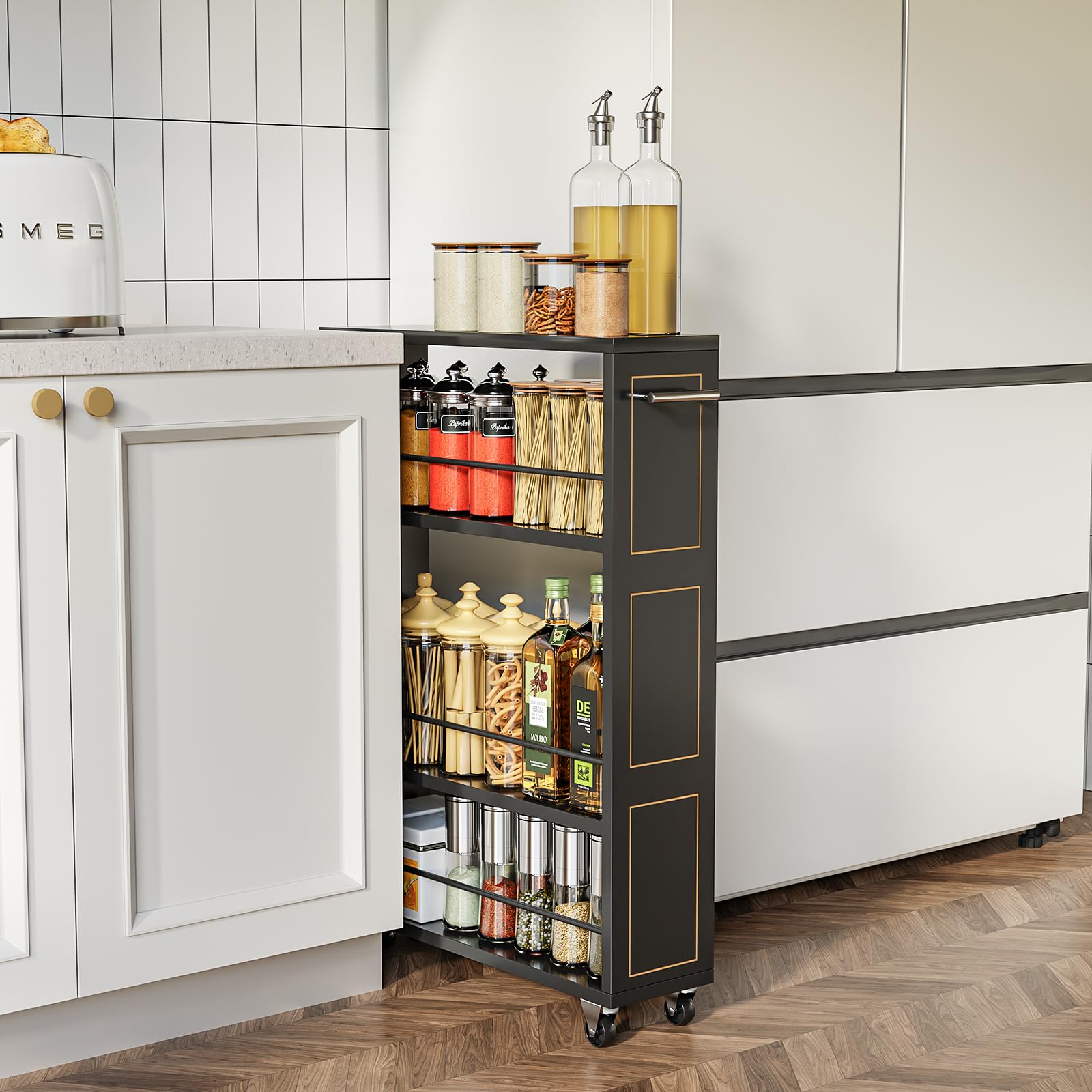 4-Tier Slim Rolling Cart Handle White Narrow Space