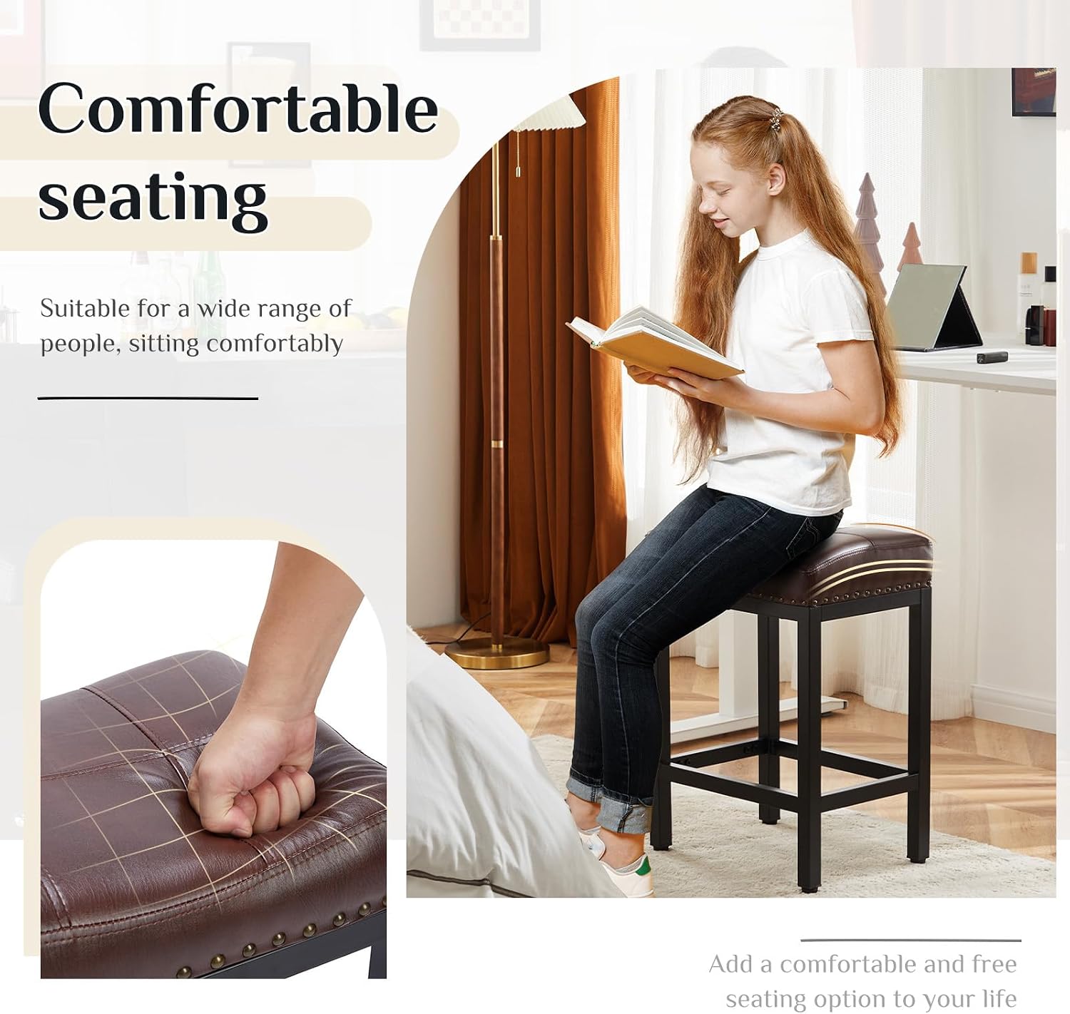 Brown PU Leather Saddle Bar Stools Metal Base Set 2