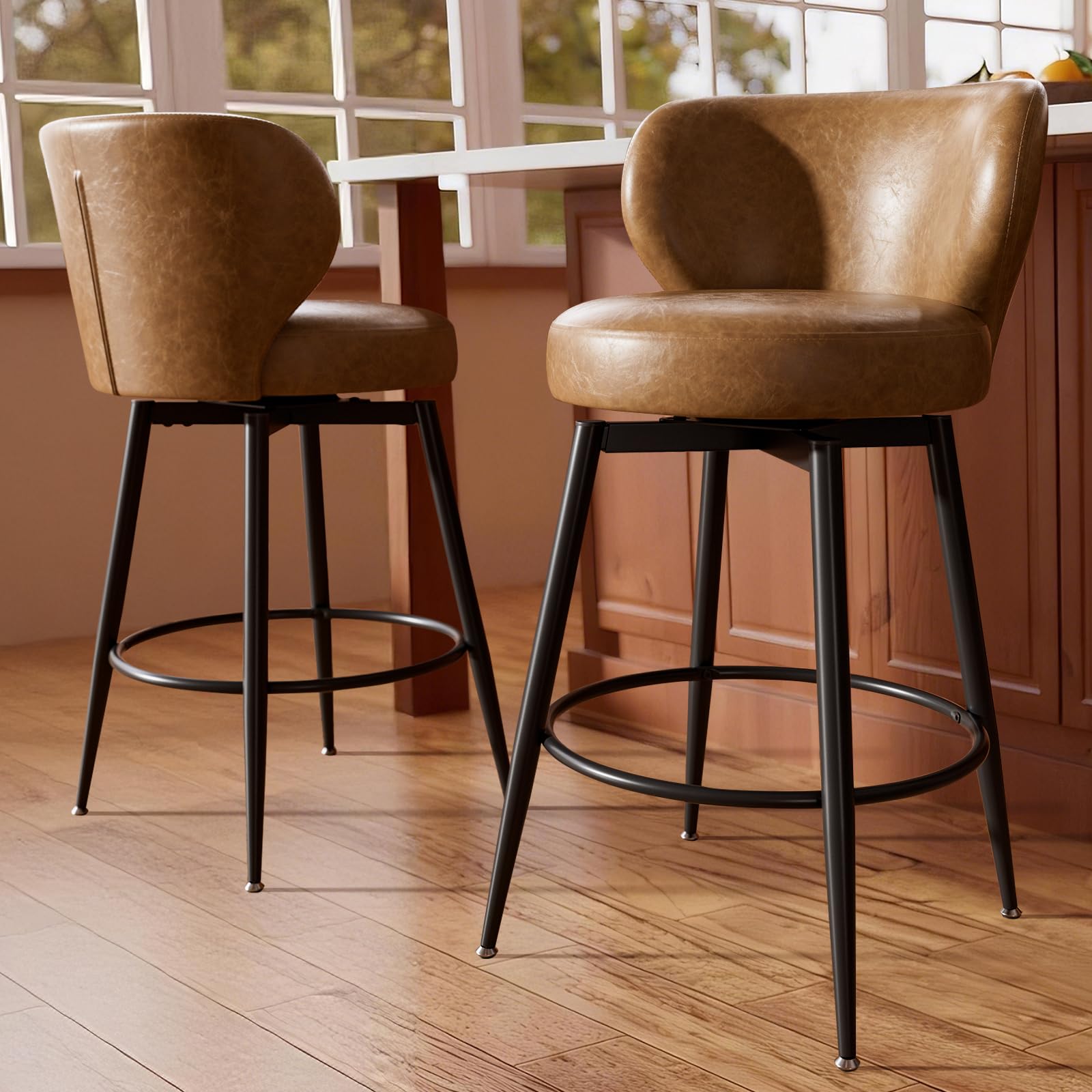 Swivel Brown Bar Stools Cushioned Winged Back Set 4