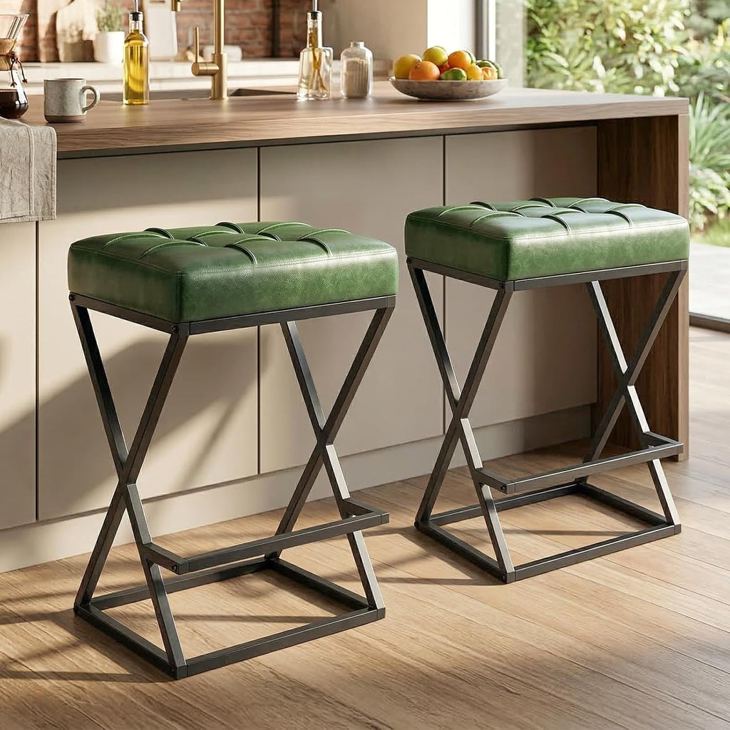 Green Backless Bar Stools X Frame Metal Legs Set 2