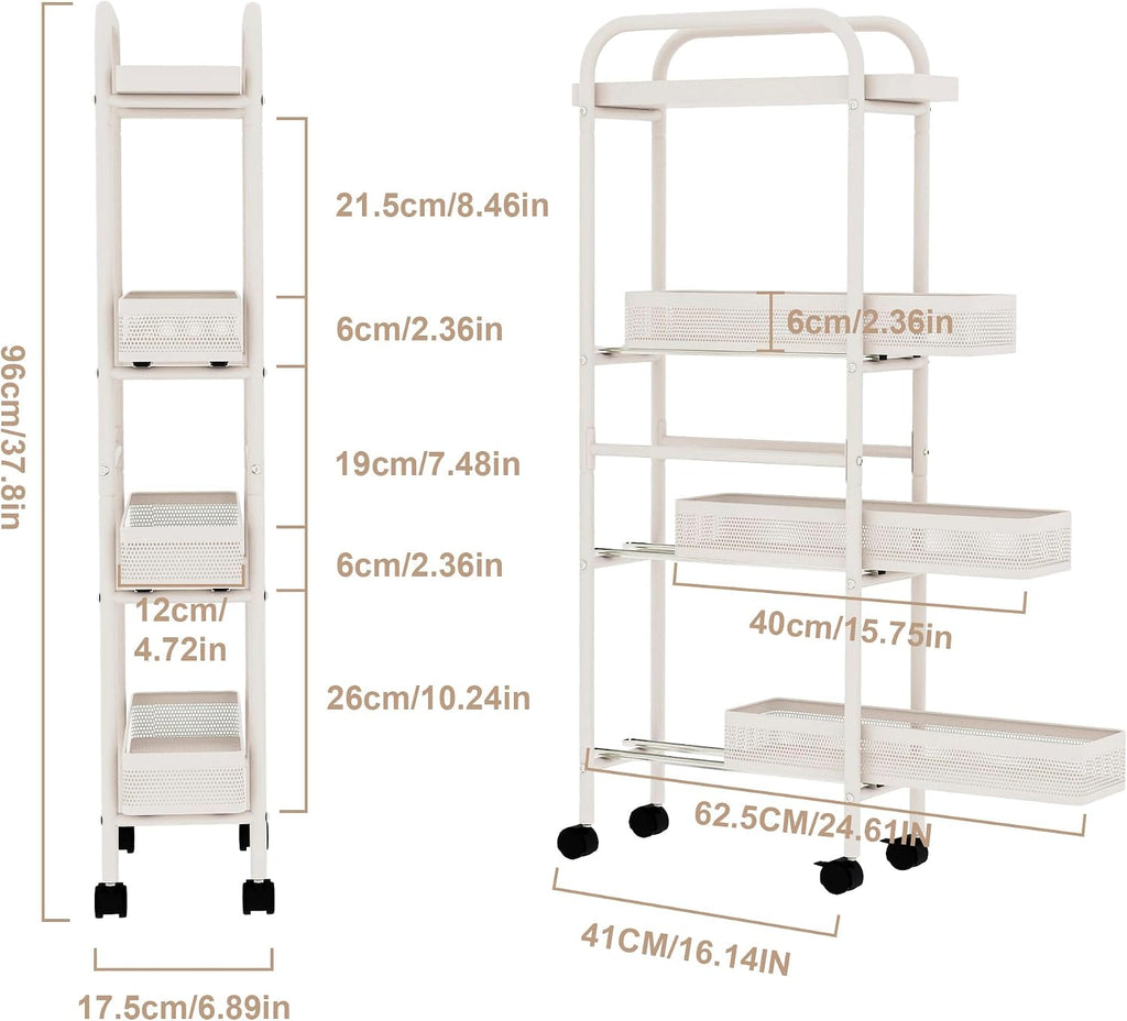 4-Tier Slim Rolling Cart with Pull Out Baskets White
