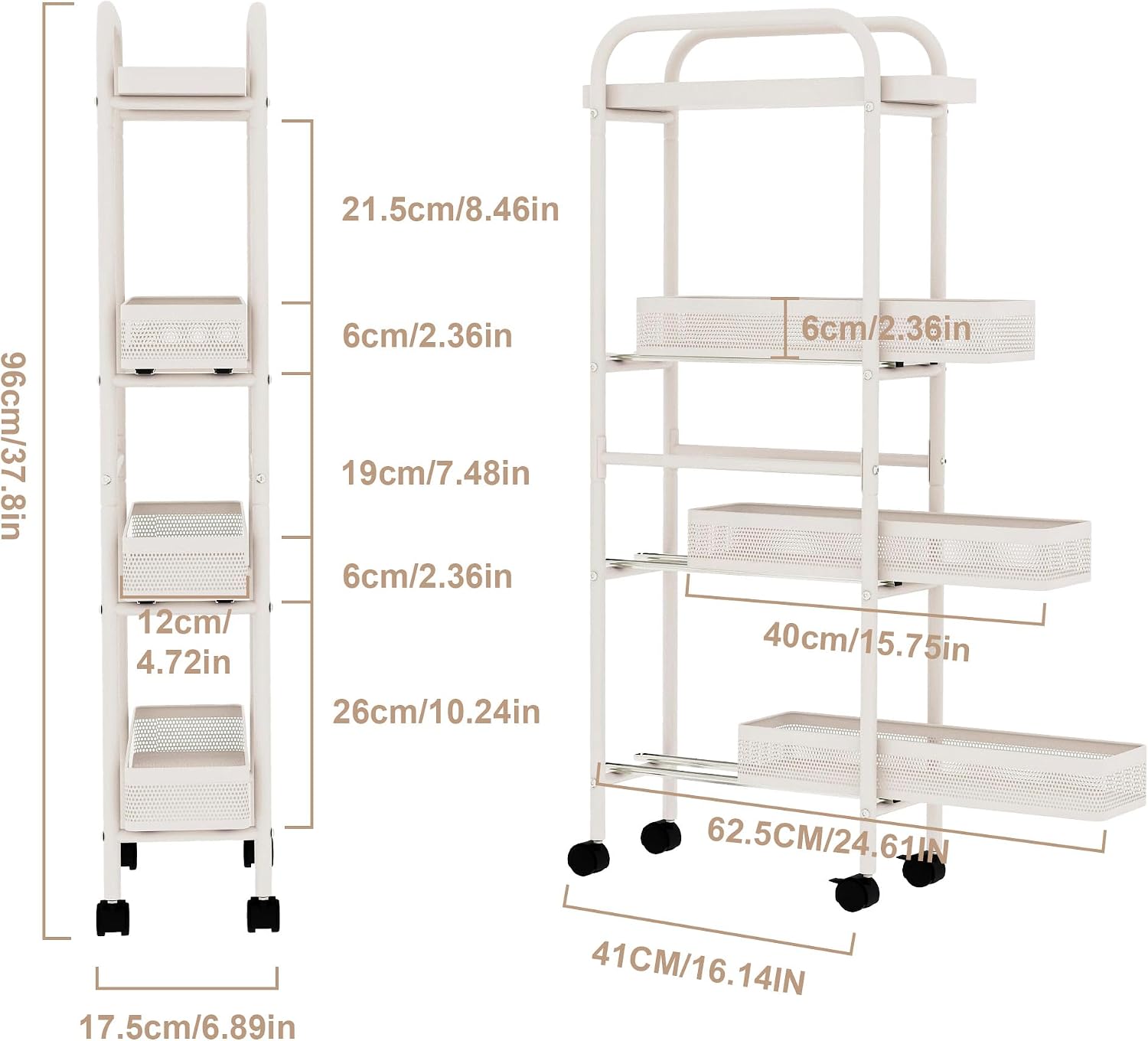 4-Tier Slim Rolling Cart with Pull Out Baskets White