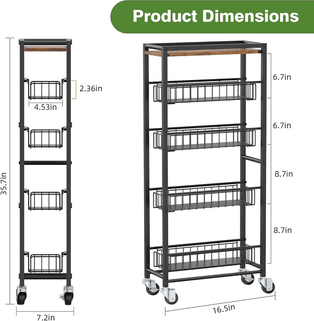 5-Tier Slim Cart with Four Pull Out Baskets