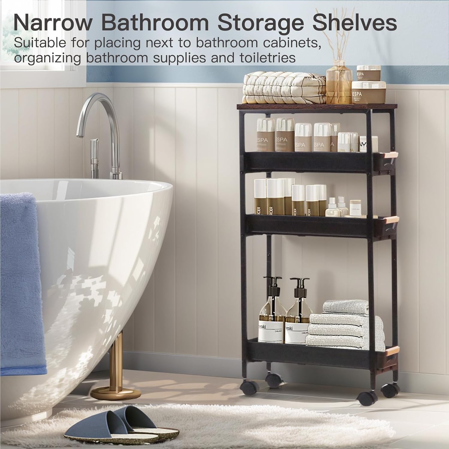5-Tier Slim Wood Top Rolling Gap Storage Cart Black