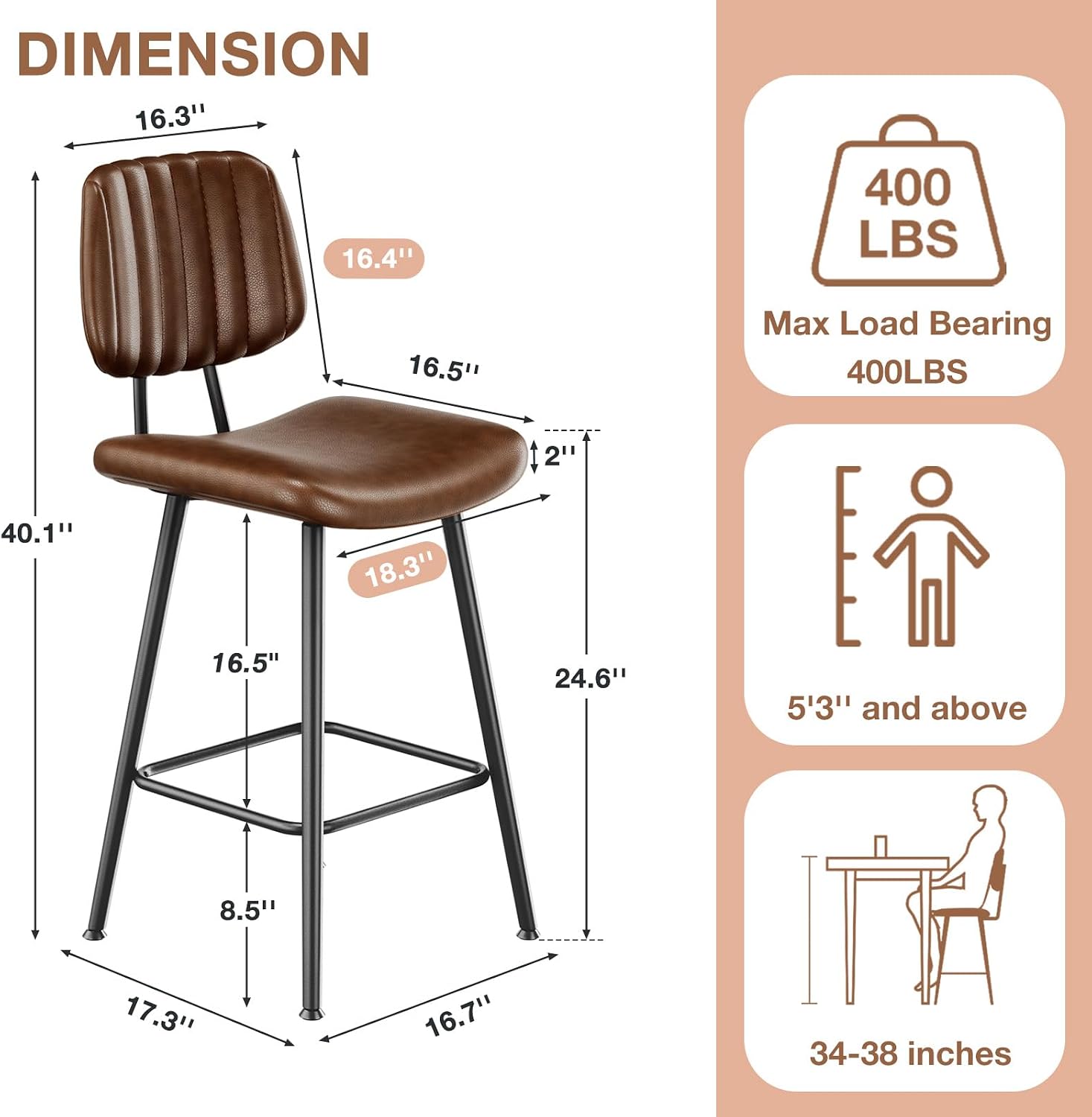 Dark Brown Leather Bar Stools High Back Metal Legs Set 3