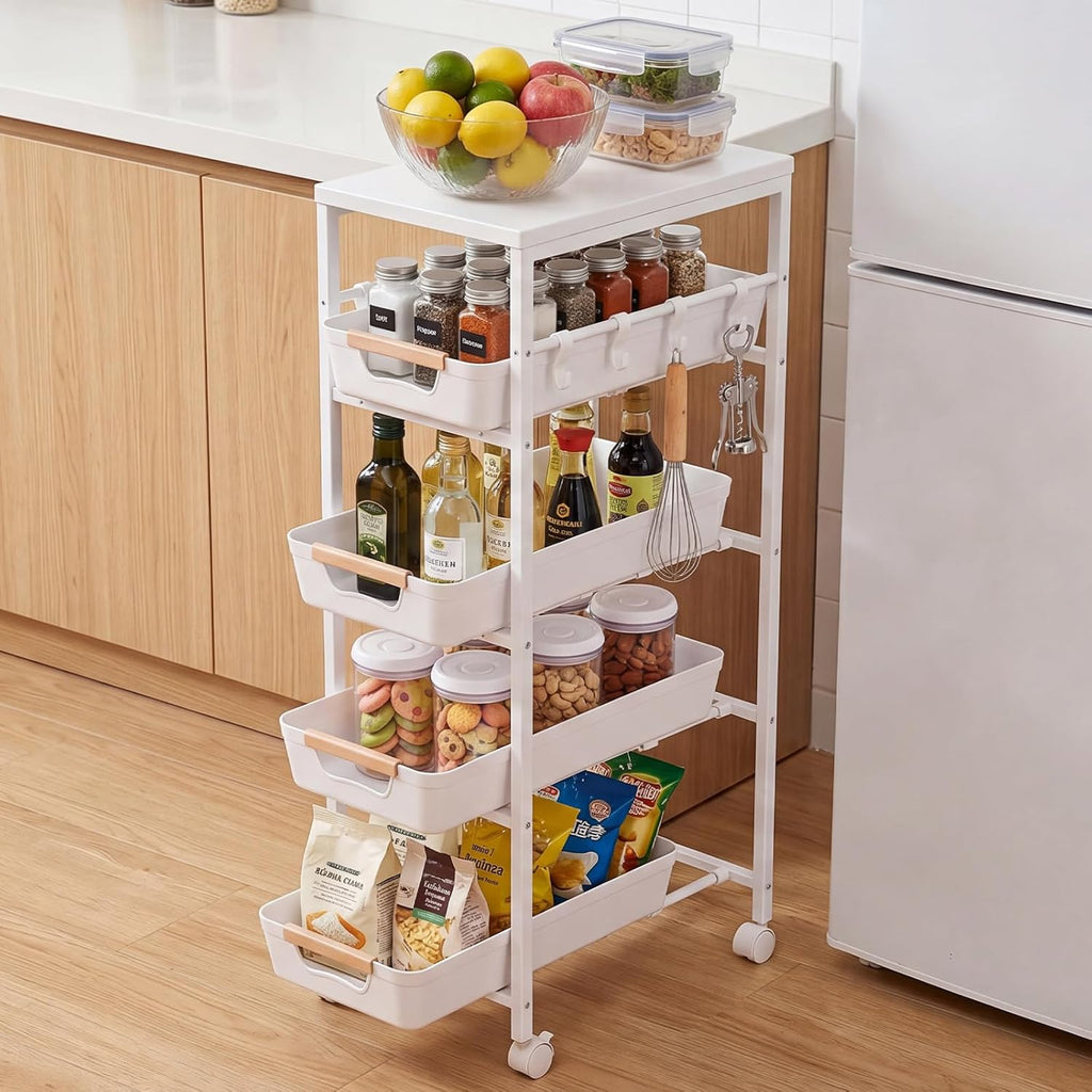 5-Tier Wood Top Cart Pull Out Drawers White
