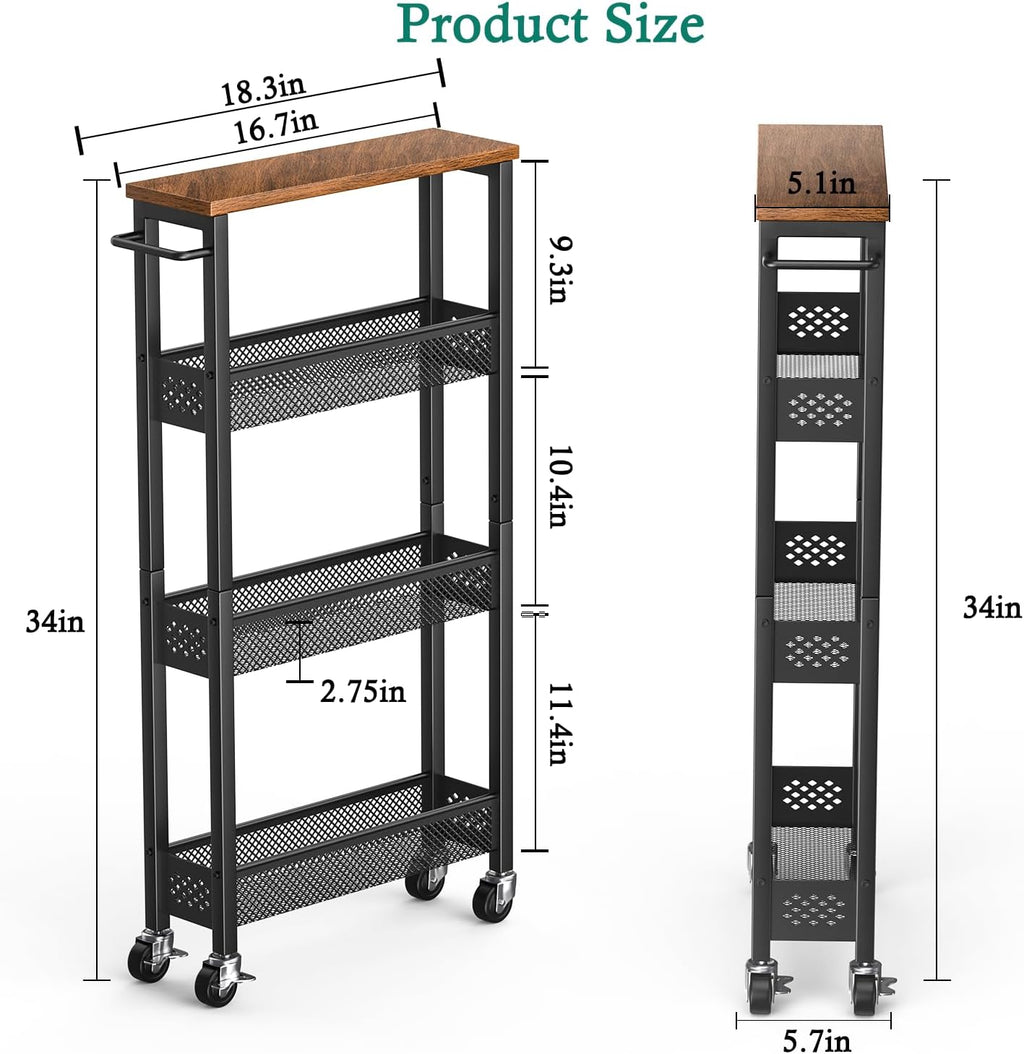 Narrow 4-Tier Rolling Storage Cart with Wood Top