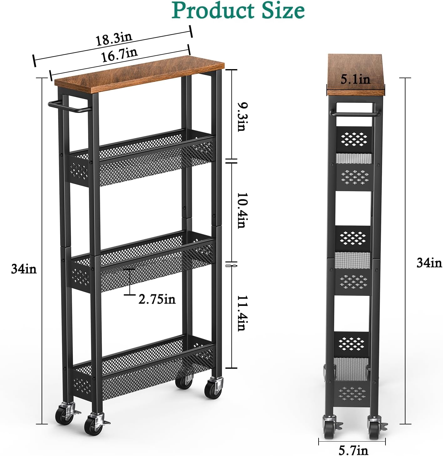 Narrow 4-Tier Rolling Storage Cart with Wood Top
