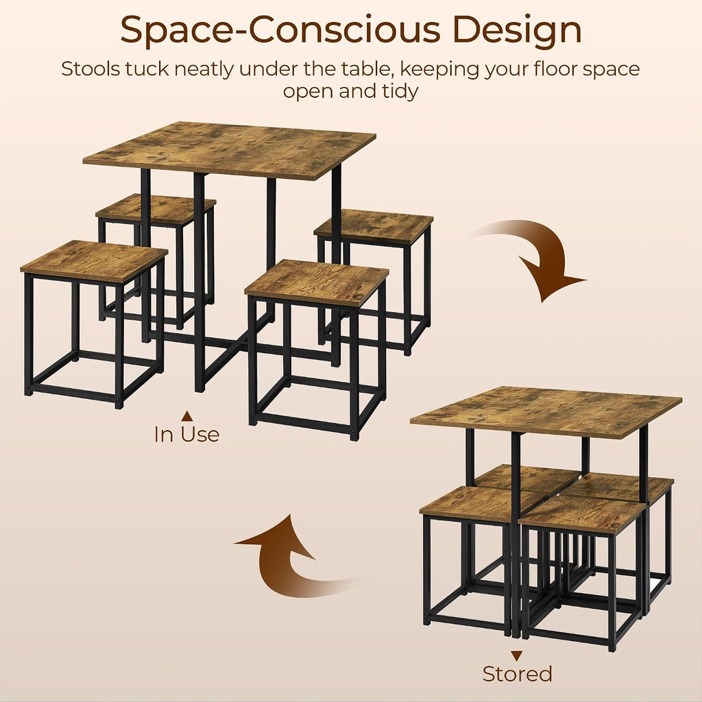Rustic Brown Dining Table Stools Space Saving Set 4