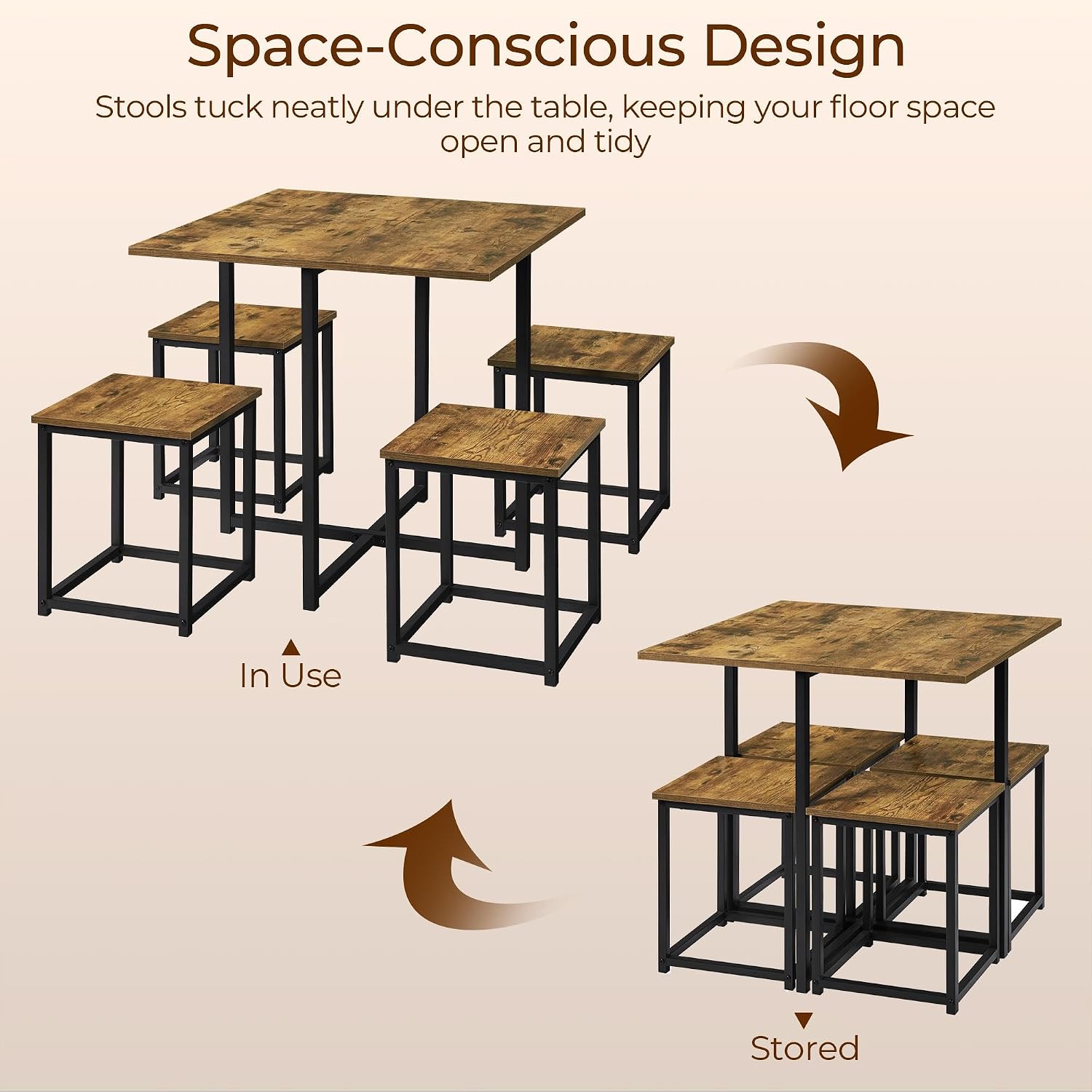 Rustic Brown Dining Table Stools Space Saving Set 4
