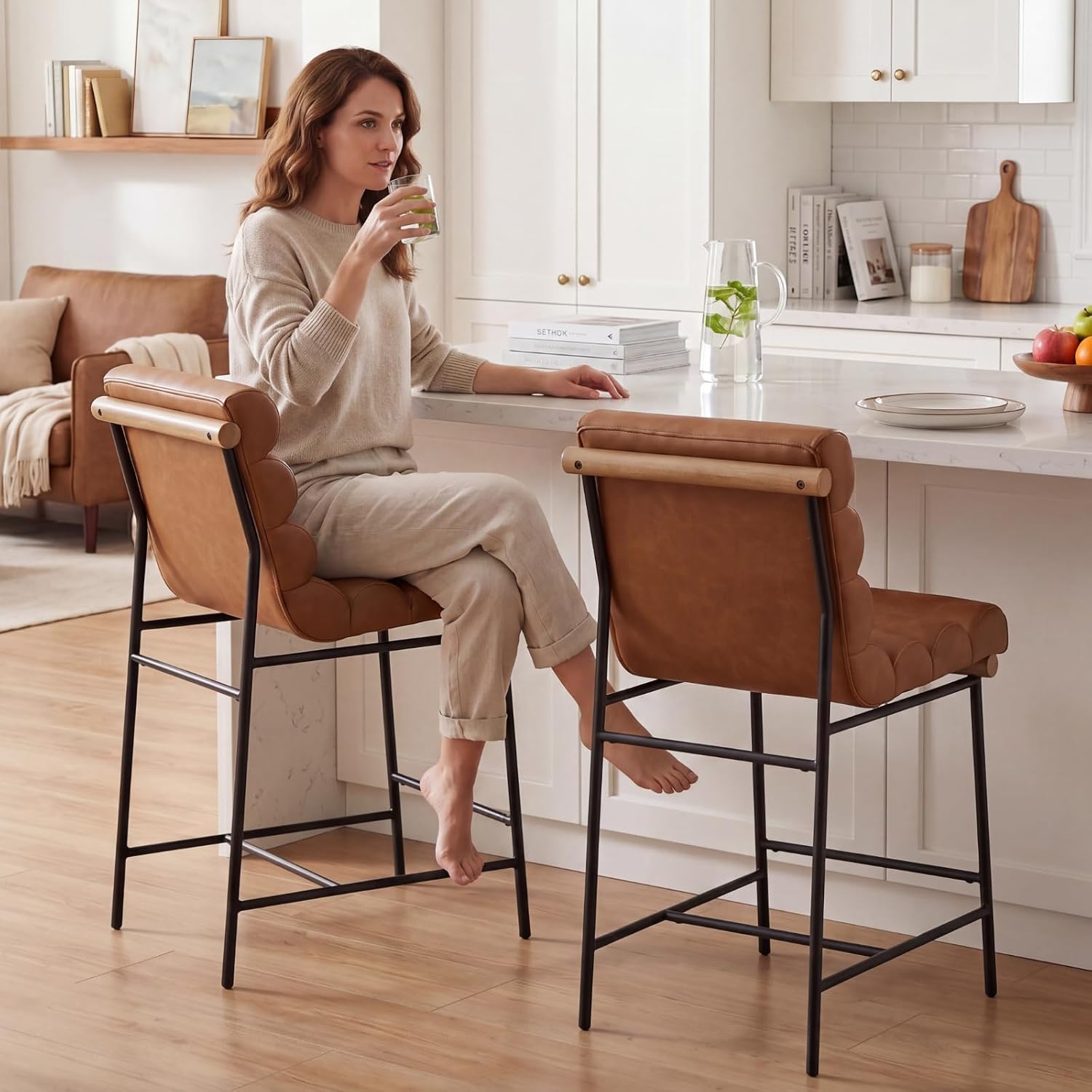 Brown Tufted Bar Stools Metal Legs Set of Two