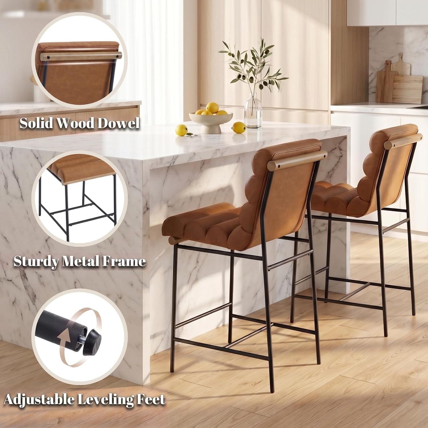 Brown Tufted Bar Stools Metal Legs Set of Two