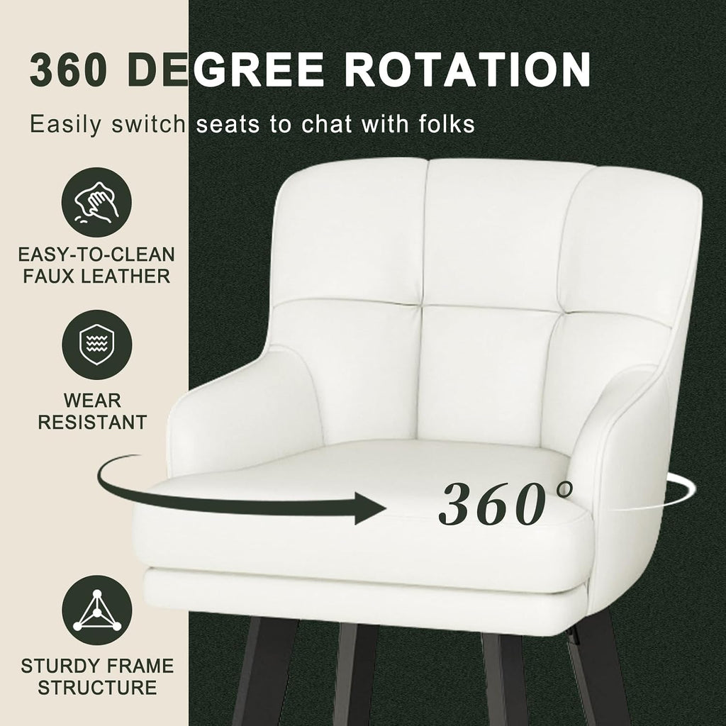 Beige Faux Leather Swivel Bar Stools Wood Legs Set 2