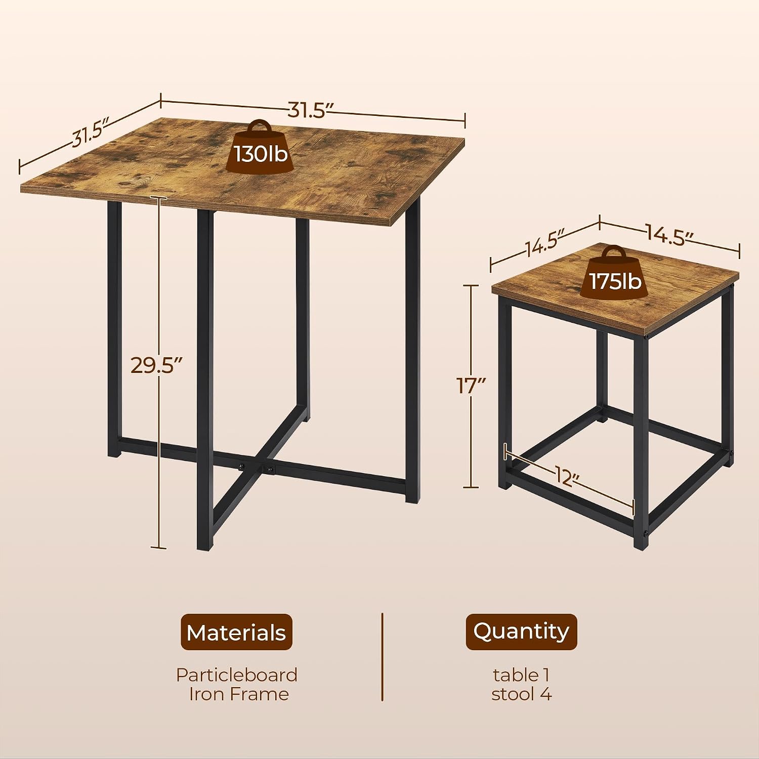 Rustic Brown Dining Table Stools Space Saving Set 4
