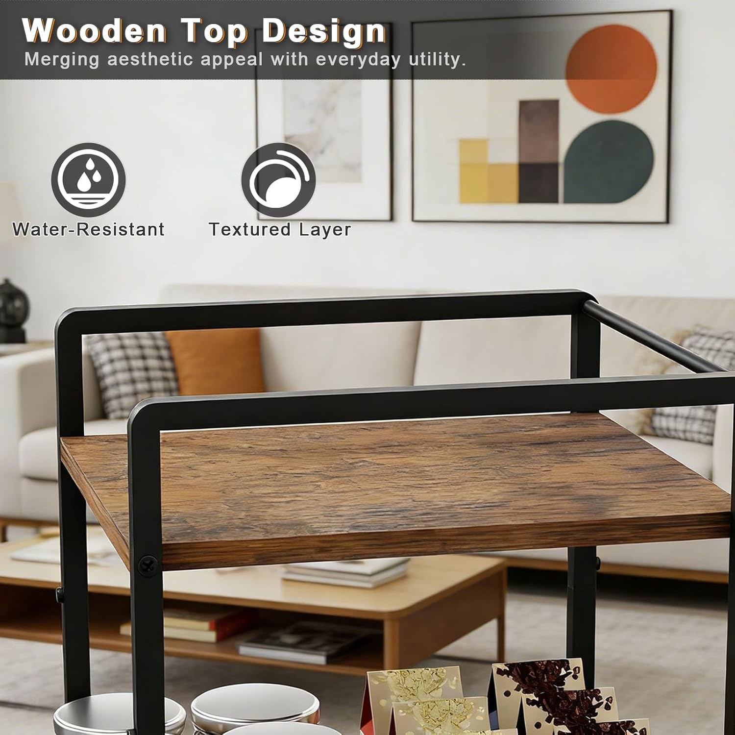 6-Tier Wood Top Cart Pull Out Baskets Black