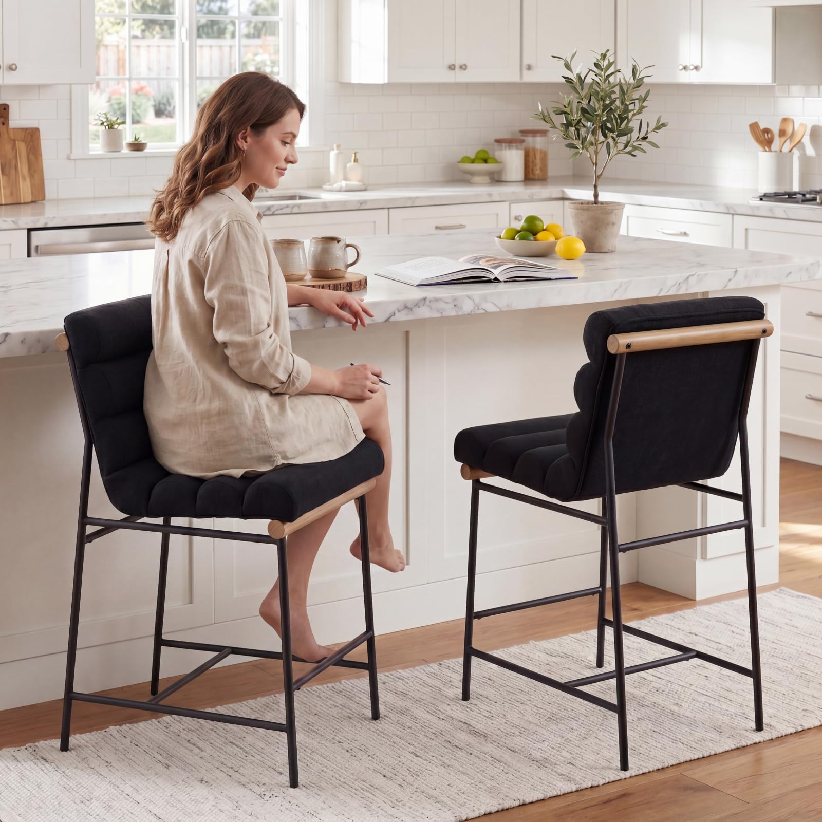 Brown Tufted Bar Stools Metal Legs Set of Two