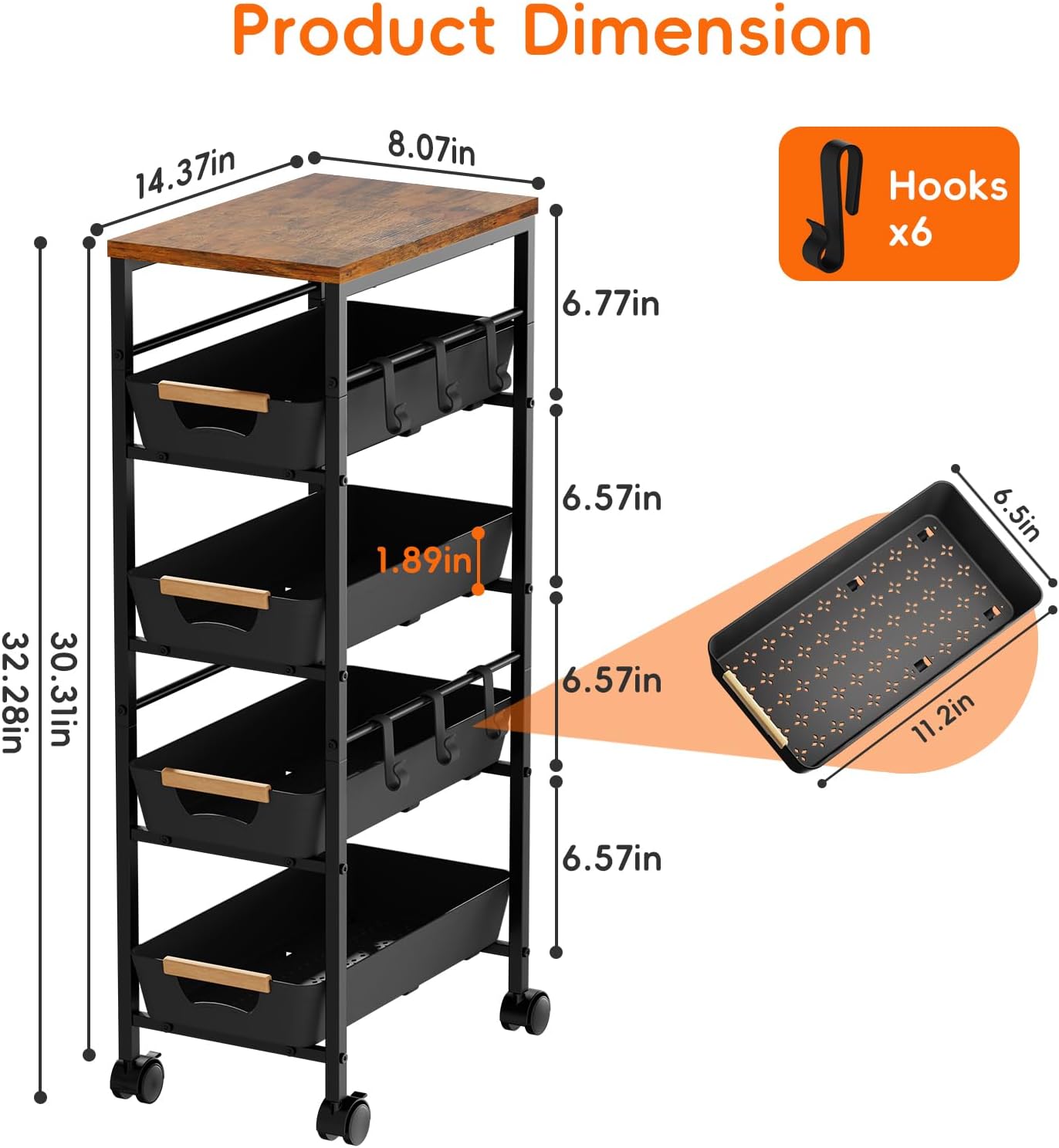 5-Tier Wood Top Cart Pull Out Baskets Black