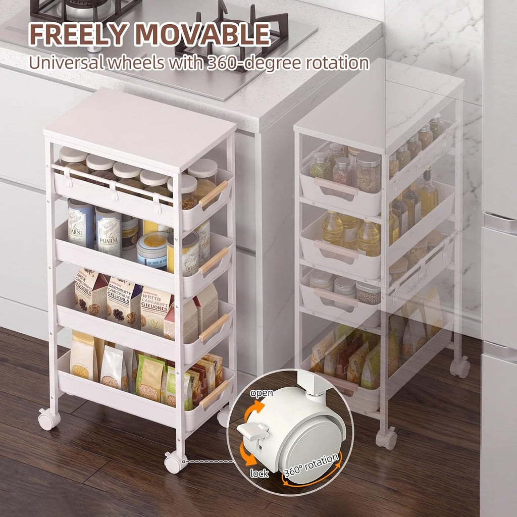 5-Tier Wood Top Cart Pull Out Drawers White