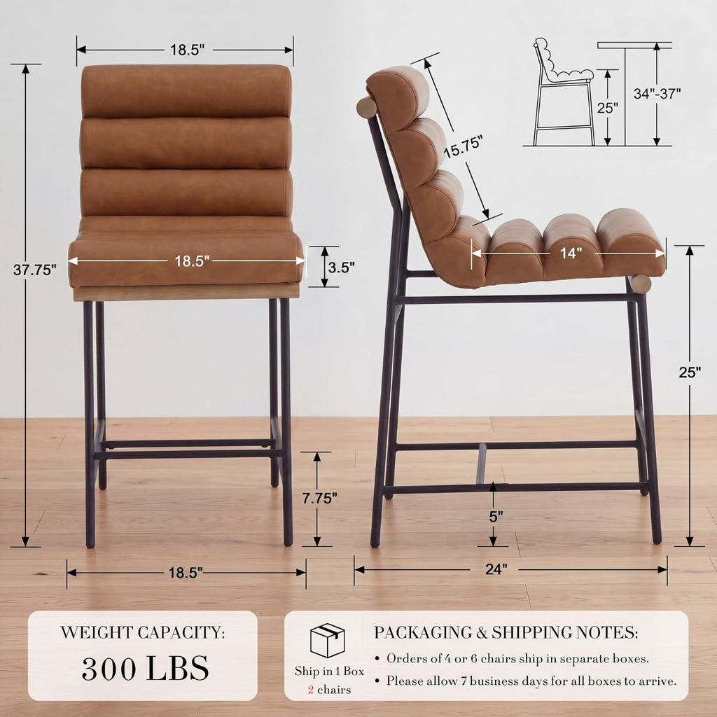 Brown Tufted Bar Stools Metal Legs Set of Two