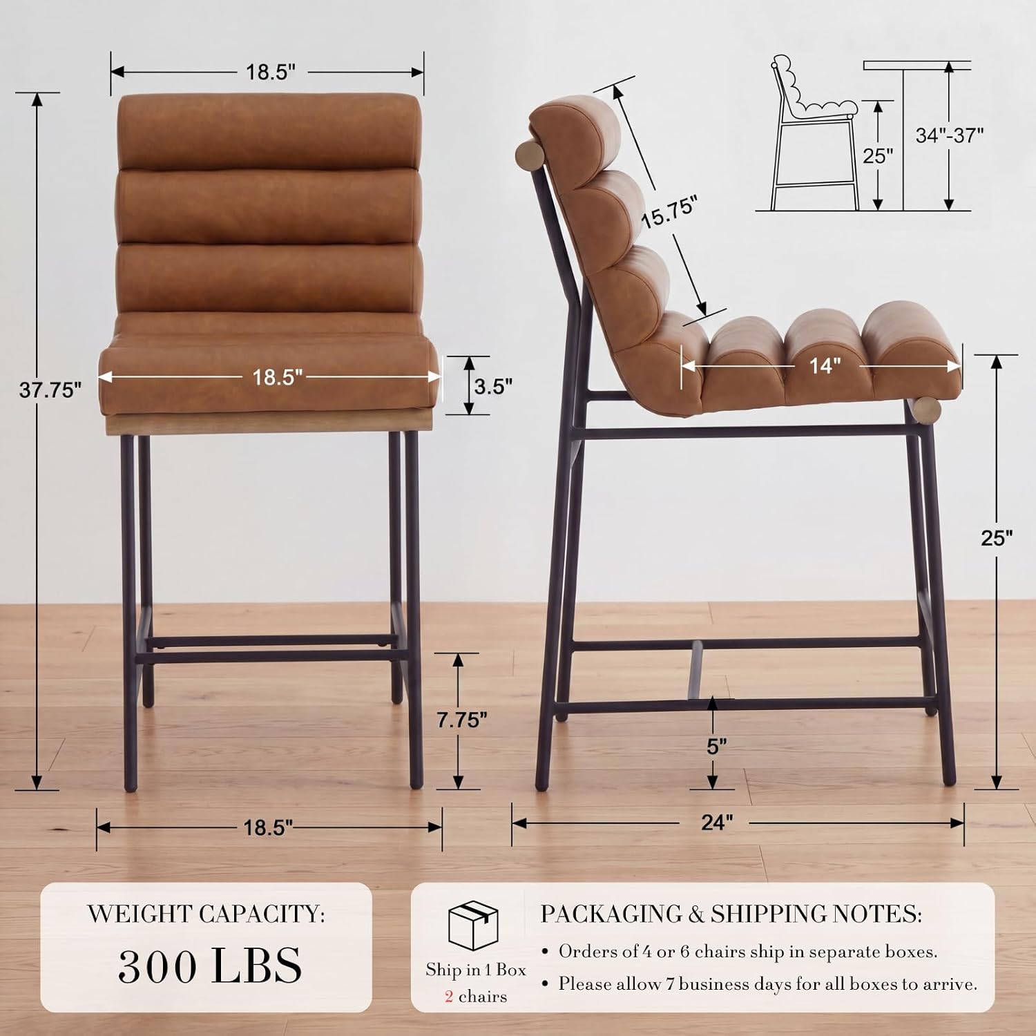 Brown Tufted Bar Stools Metal Legs Set of Two