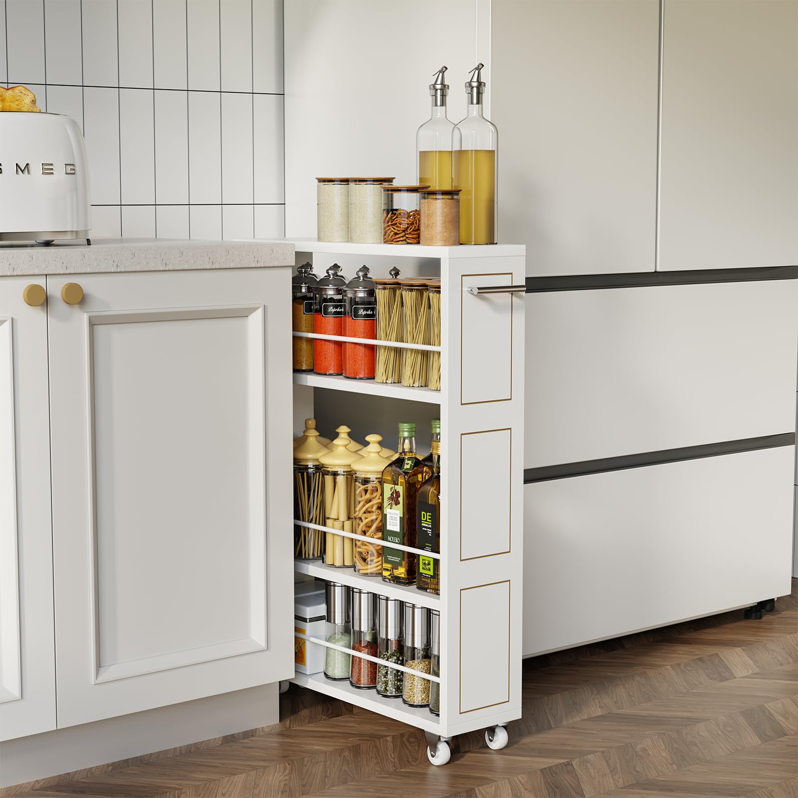 4-Tier Slim Rolling Cart Handle White Narrow Space