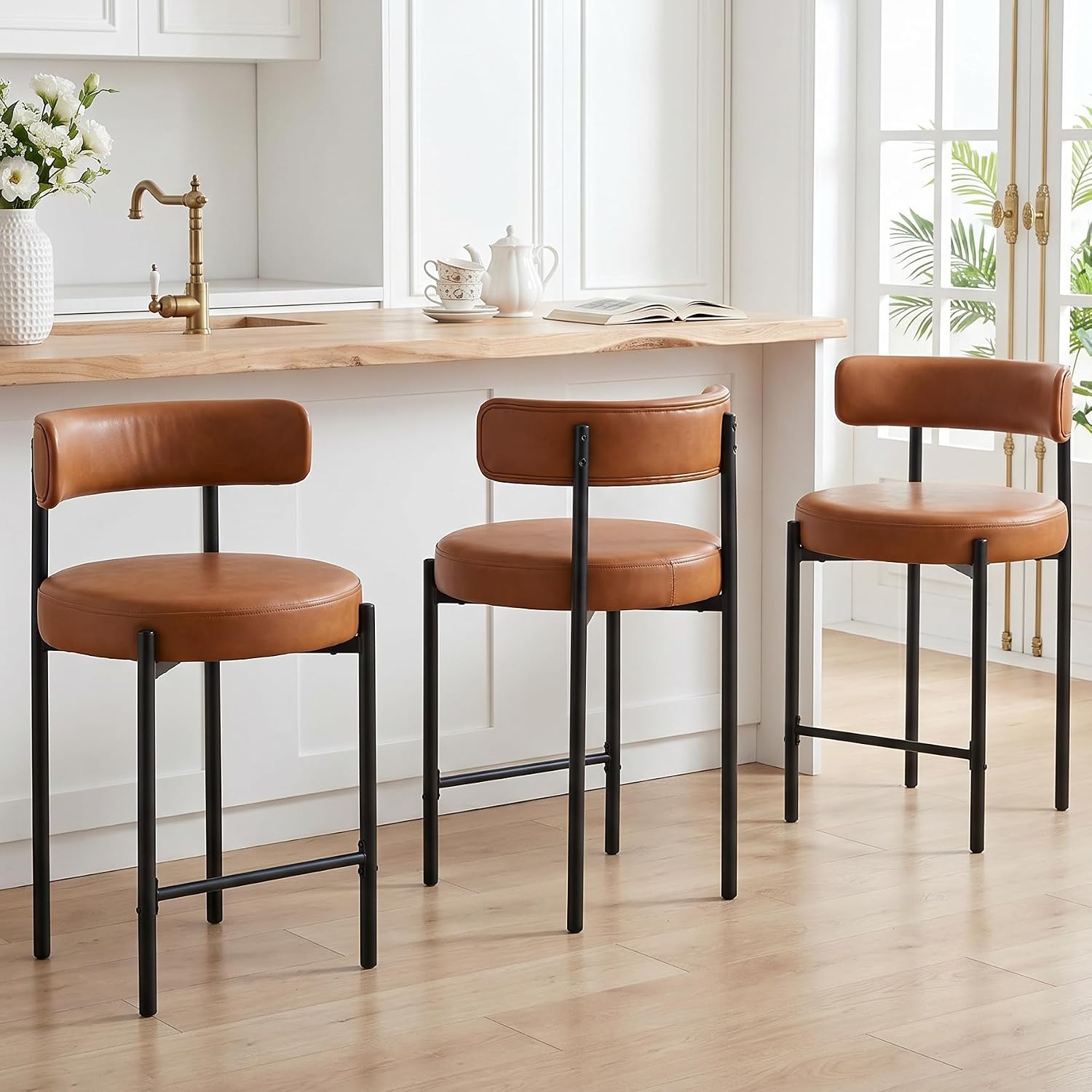 Brown Vegan Leather Bar Stools With Backs Set 3